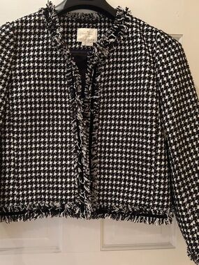 kate spade Black and White Houndstooth Fringe-Trim Tweed Jacket size 8